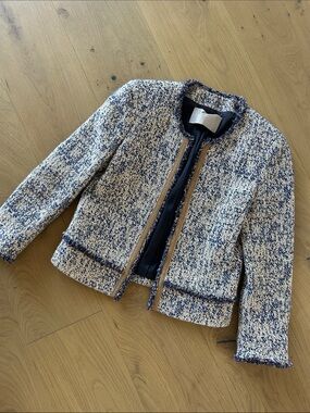 GEORGES RECH 🇫🇷 Women's Navy and Cream Tweed Cropped Blazer Jacket